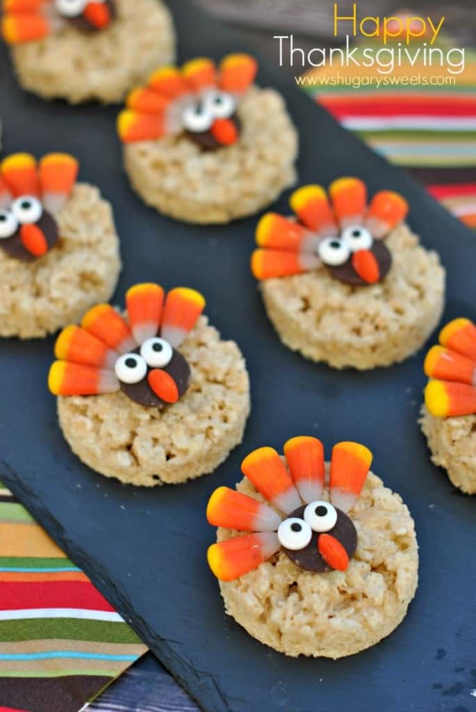 Turkey Rice Krispie Treats decorated for Thanksgiving! Easy dessert that kids can help make!