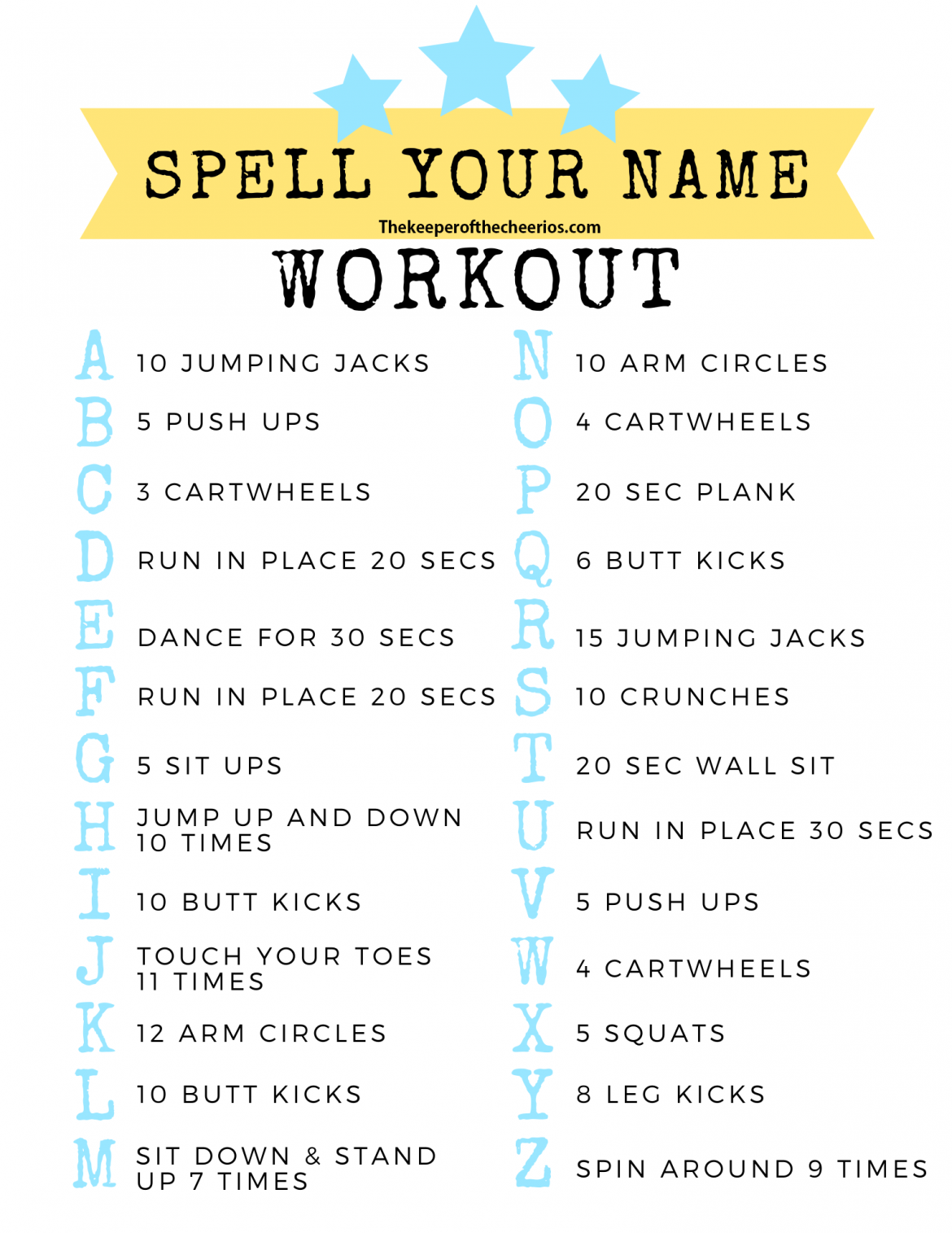 6 Day Spell your name workout for Push Pull Legs