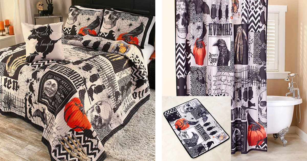 the lakeside collection nevermore halloween quilt set with pillow shams